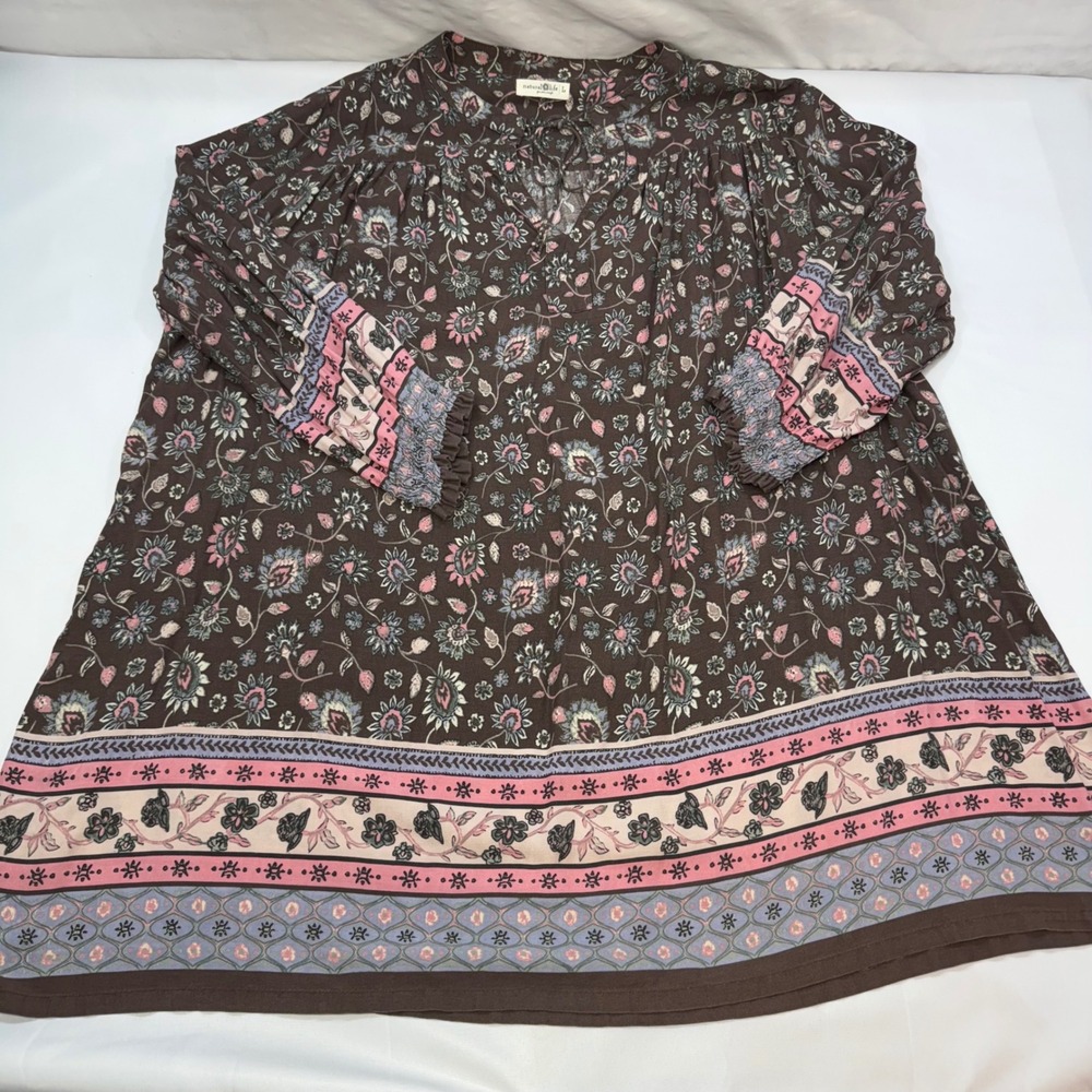 Natural Life Floral Paisley Boho Mini Dress Womens Large Brown Rayon Tie Neck - Picture 3 of 10